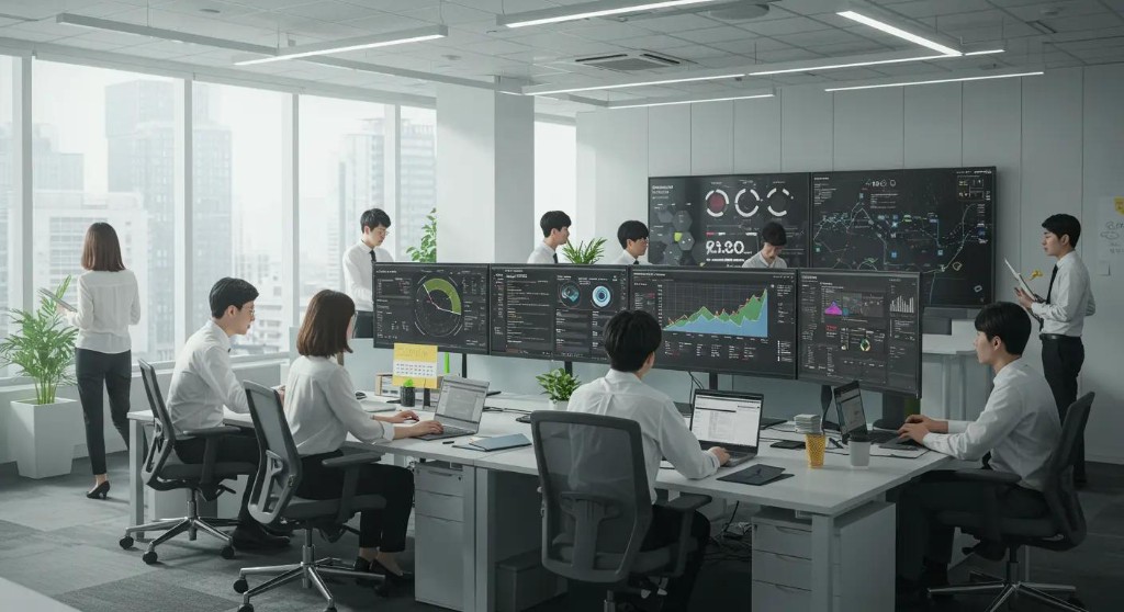 Nhóm làm việc trước các màn hình trong một văn phòng