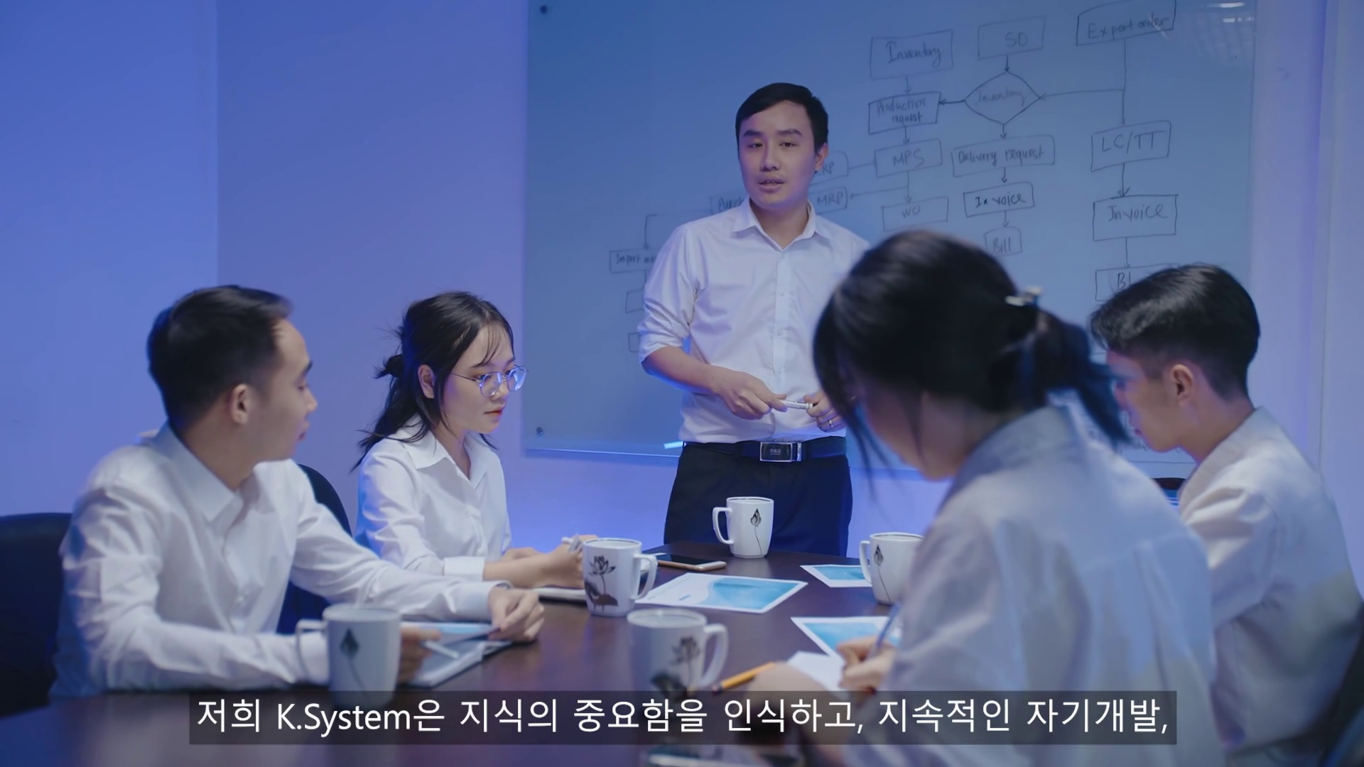 Giảng viên đứng trước bảng quy trình, cùng nhóm học viên ngồi quanh bàn